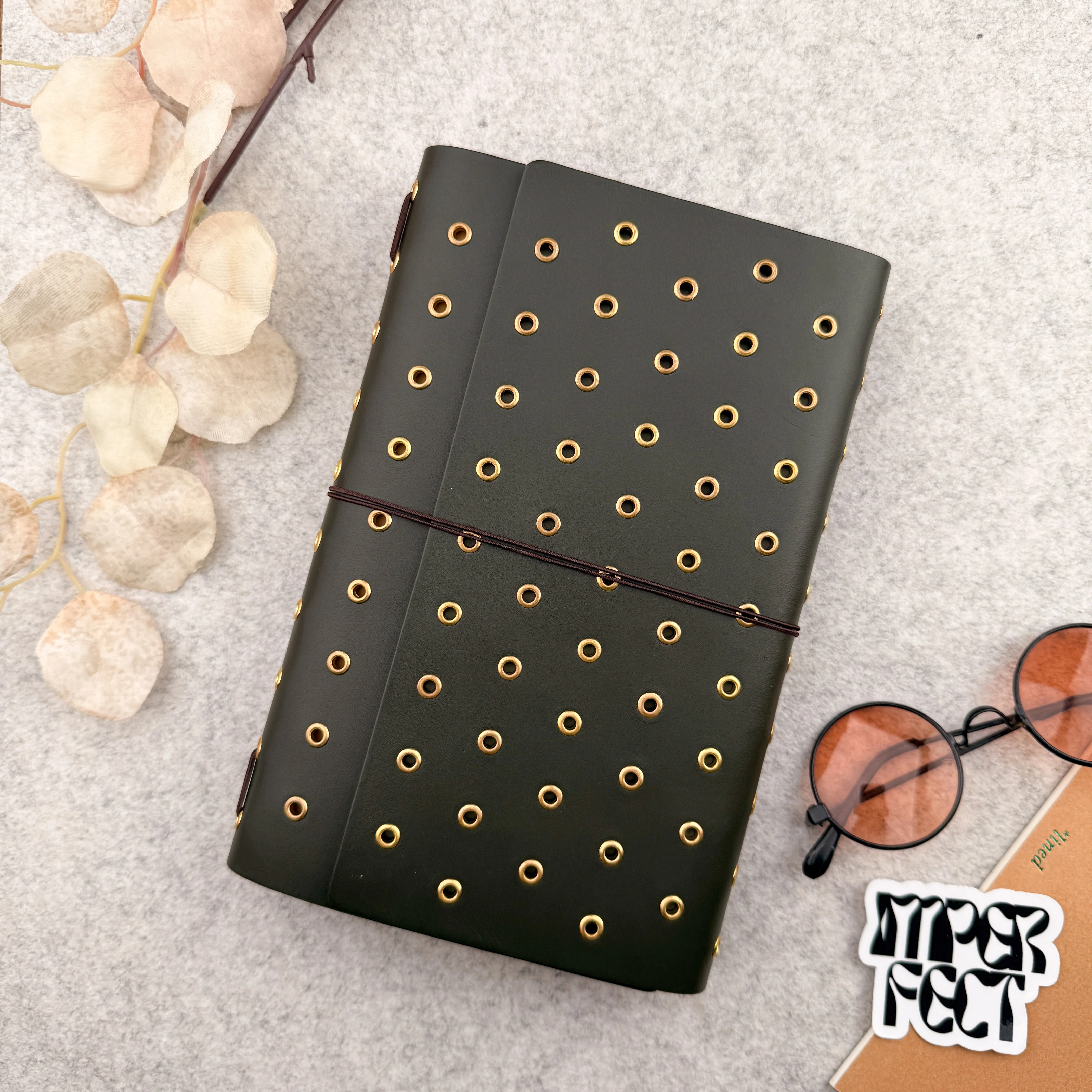 Imperfect Concepts Dancer Leather Notebook - A5 Trifold - Olive w/ Gold & Brass Grommets